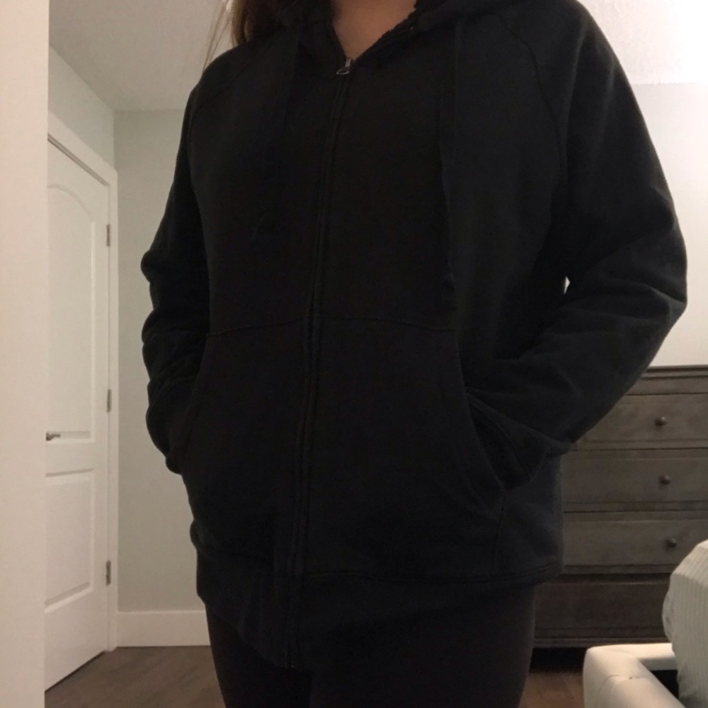 Oversized black fuzzy zip-up hoodie